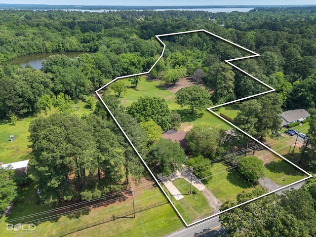 drone / aerial view with a water view and a forest view