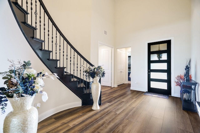 915 Blueberry Way, Northlake, TX 76247 - foyer featuring baseboards, visible vents, stairs, wood finished floors, and a high ceiling