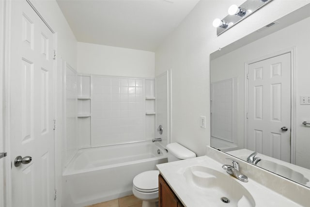3105 Lipizzan Dr, Denton, TX 76210 - bathroom featuring toilet, vanity, tile patterned floors, and bathtub / shower combination