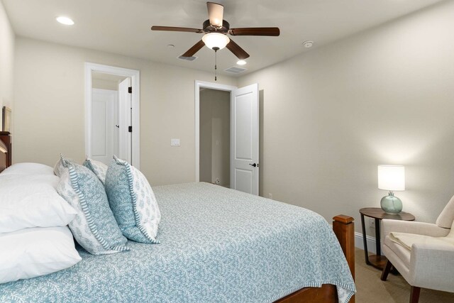 bedroom featuring ceiling fan, carpet flooring, recessed lighting, and visible vents