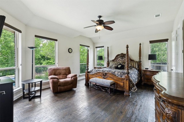 500 Denton Creek Dr, Mckinney, TX 75072 - bedroom featuring multiple windows, dark wood-style flooring, vaulted ceiling, and a ceiling fan