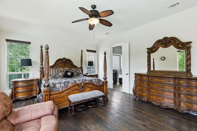 500 Denton Creek Dr, Mckinney, TX 75072 - bedroom with dark wood-style flooring, multiple windows, ensuite bath, and a ceiling fan