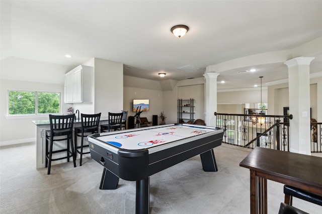 500 Denton Creek Dr, Mckinney, TX 75072 - recreation room featuring light carpet, decorative columns, baseboards, a chandelier, and recessed lighting