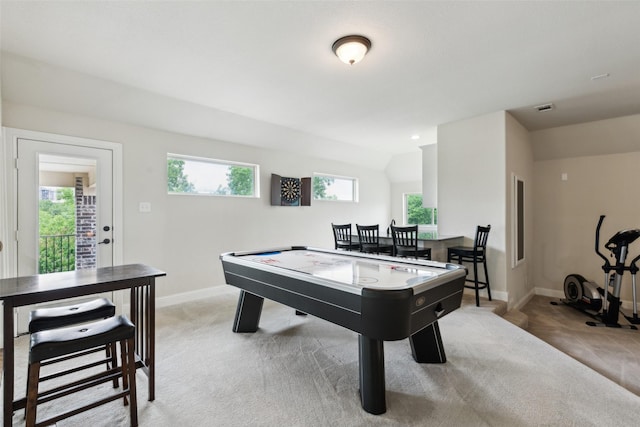 500 Denton Creek Dr, Mckinney, TX 75072 - recreation room featuring light carpet, baseboards, vaulted ceiling, and pool table