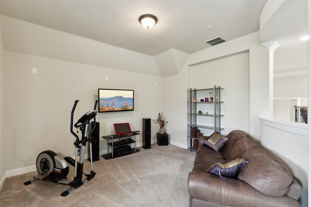 500 Denton Creek Dr, Mckinney, TX 75072 - exercise area featuring light carpet, baseboards, and decorative columns