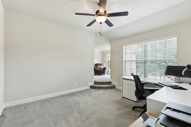 500 Denton Creek Dr, Mckinney, TX 75072 - office area featuring arched walkways, light colored carpet, baseboards, and a ceiling fan