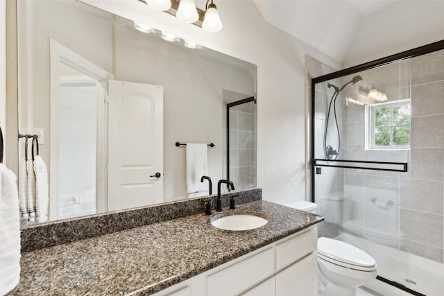 500 Denton Creek Dr, Mckinney, TX 75072 - bathroom with a shower stall, toilet, vanity, a baseboard radiator, and lofted ceiling