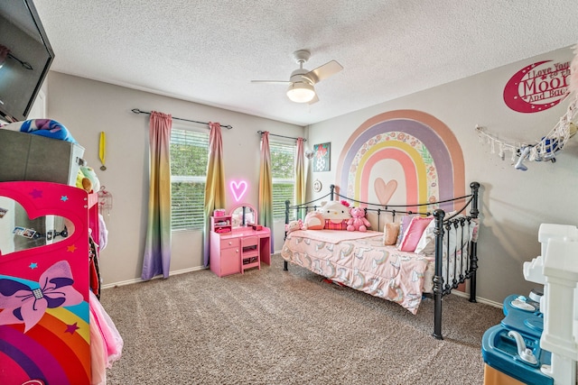 bedroom featuring a textured ceiling, baseboards, ceiling fan, and carpet floors