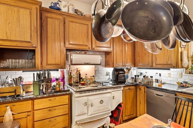 kitchen featuring brown cabinets, cooktop, decorative backsplash, and dishwasher