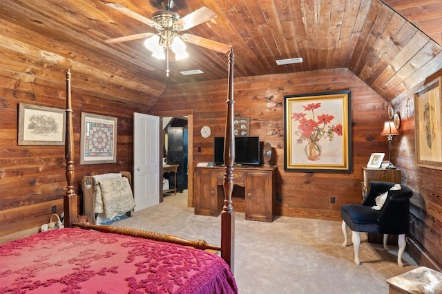 bedroom with lofted ceiling, carpet flooring, visible vents, wood ceiling, and wooden walls