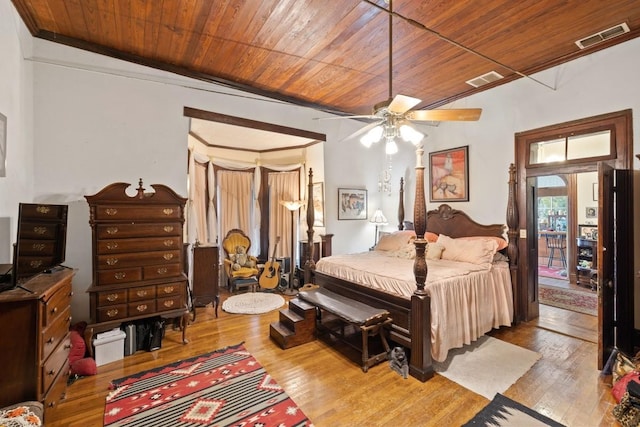 bedroom with crown molding, wood ceiling, hardwood / wood-style floors, and visible vents