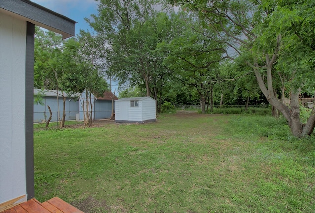view of yard with a storage unit, an outdoor structure, and a fenced backyard