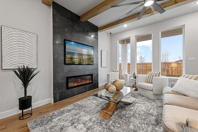 913 Beall St, Denton, TX 76207 - living room featuring a wealth of natural light, a tiled fireplace, ceiling fan, and wood finished floors