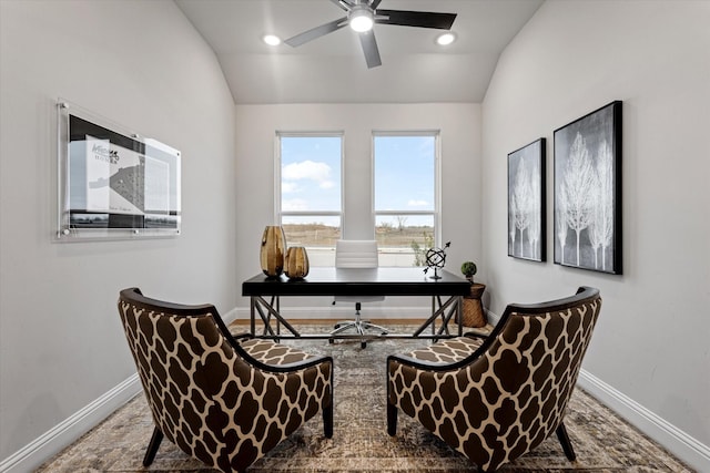 913 Beall St, Denton, TX 76207 - office area featuring vaulted ceiling, baseboards, and a ceiling fan