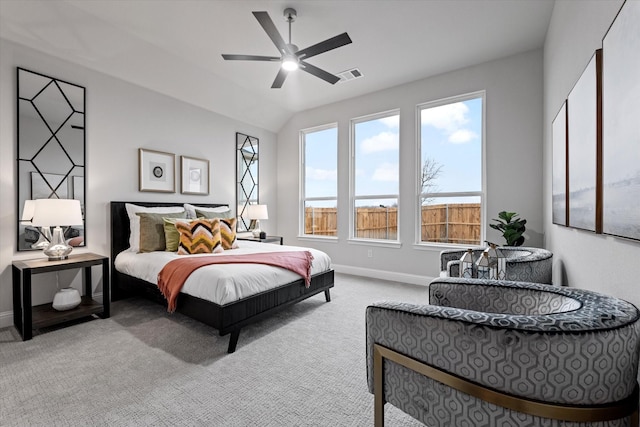 913 Beall St, Denton, TX 76207 - carpeted bedroom featuring visible vents, baseboards, a ceiling fan, and lofted ceiling