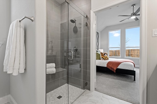 913 Beall St, Denton, TX 76207 - ensuite bathroom featuring ensuite bath, vaulted ceiling, a stall shower, and ceiling fan