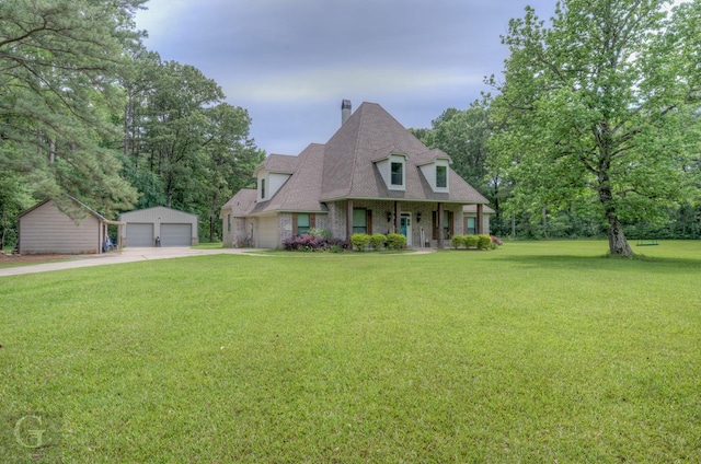 view of front facade with covered porch, an outdoor structure, a garage, a front lawn, and a chimney