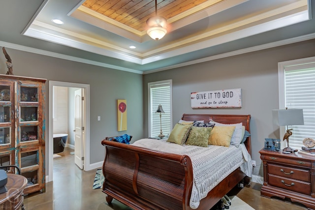 bedroom featuring finished concrete floors, wood ceiling, crown molding, baseboards, and a raised ceiling