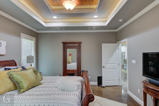 bedroom featuring finished concrete floors, ornamental molding, visible vents, a raised ceiling, and baseboards