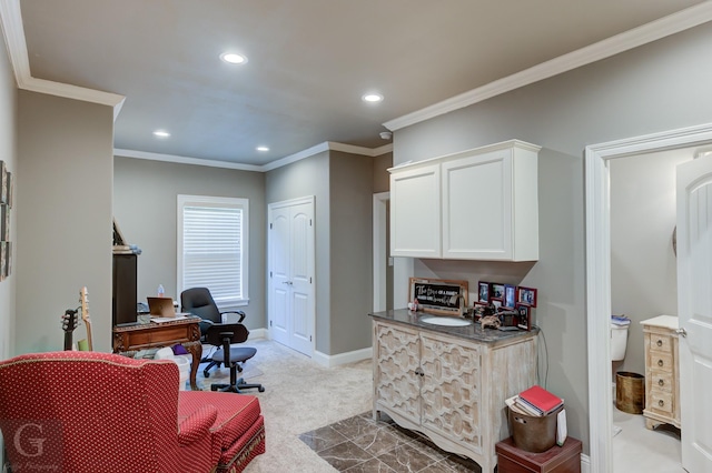 home office with carpet, baseboards, ornamental molding, and recessed lighting