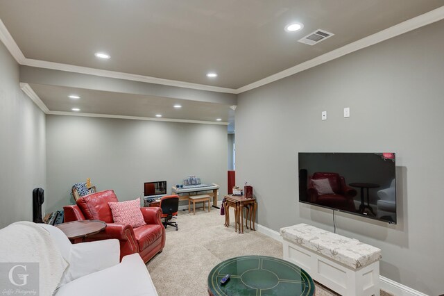 living room with crown molding, light colored carpet, and recessed lighting