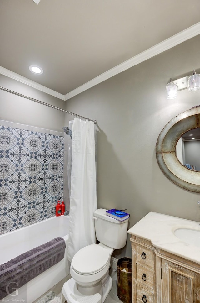 bathroom with toilet, shower / tub combo, vanity, ornamental molding, and recessed lighting