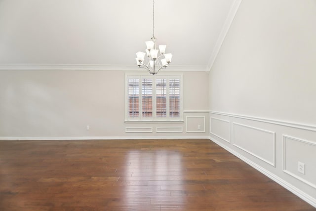 4118 Armistice Dr, Frisco, TX 75034 - unfurnished dining area with dark wood-style flooring, ornamental molding, a chandelier, and wainscoting