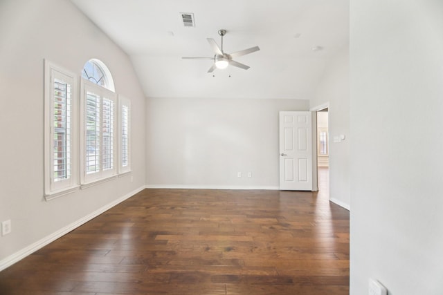 4118 Armistice Dr, Frisco, TX 75034 - spare room with ceiling fan, lofted ceiling, dark wood-type flooring, and visible vents