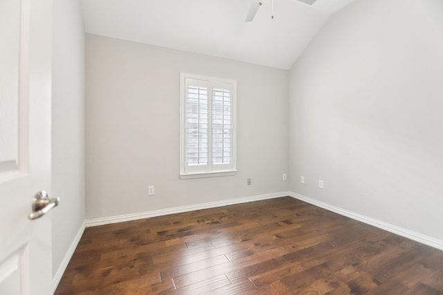 4118 Armistice Dr, Frisco, TX 75034 - unfurnished room featuring ceiling fan, lofted ceiling, dark wood-style flooring, and baseboards