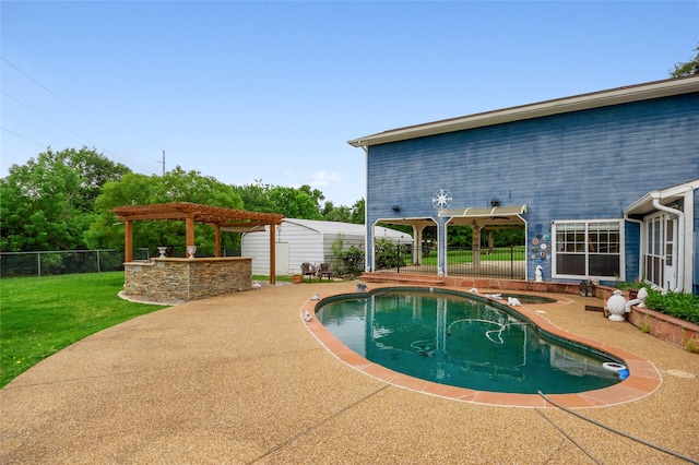 view of pool featuring a yard, a fenced in pool, fence, a patio area, and a pergola