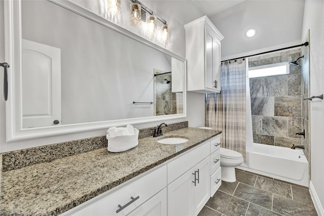 bathroom featuring shower / tub combo with curtain, vanity, toilet, and baseboards