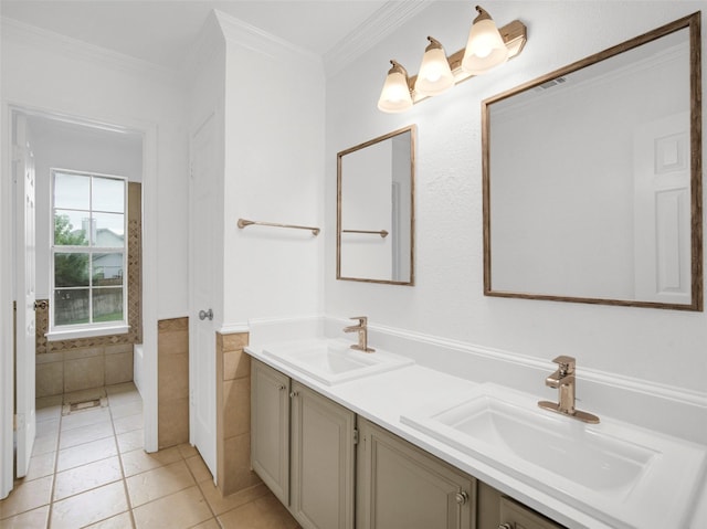 bathroom with double vanity, tile patterned flooring, ornamental molding, and a sink