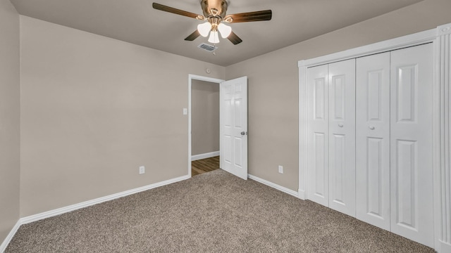 521 S Kate St, White Settlement, TX 76108 - unfurnished bedroom featuring a closet, baseboards, ceiling fan, visible vents, and carpet floors