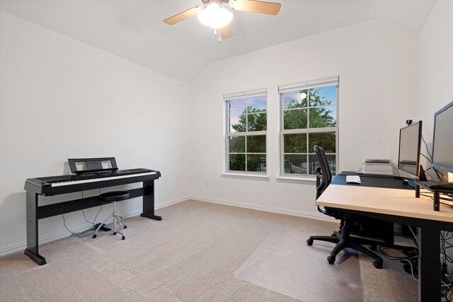 4025 Wild Turkey Dr, Hickory Creek, TX 75065 - office area featuring vaulted ceiling, a ceiling fan, carpet floors, and baseboards