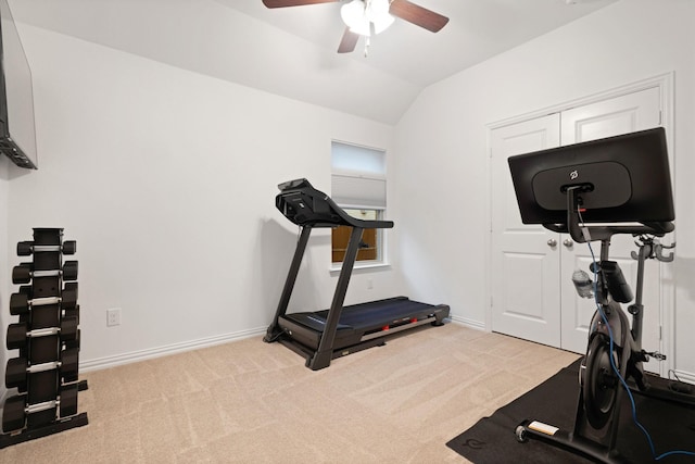 4025 Wild Turkey Dr, Hickory Creek, TX 75065 - exercise area featuring a ceiling fan, lofted ceiling, carpet flooring, and baseboards
