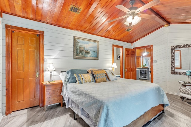 2204 County Road 1570, Alba, TX 75410 - bedroom featuring wooden ceiling, wooden walls, wood finished floors, wine cooler, and ceiling fan