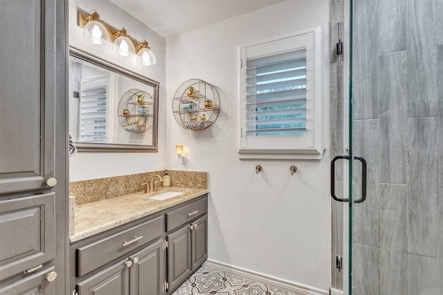 2204 County Road 1570, Alba, TX 75410 - bathroom with vanity, a shower stall, tile patterned floors, and baseboards