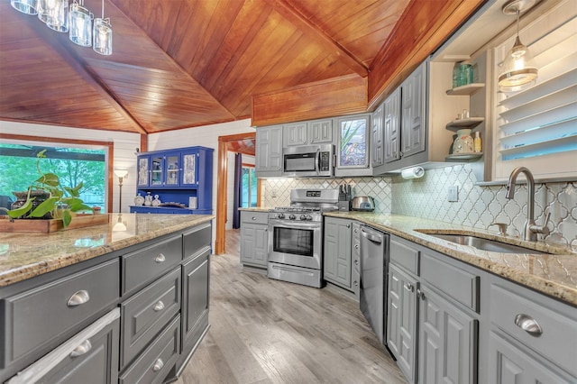 2204 County Road 1570, Alba, TX 75410 - kitchen with stainless steel appliances, a sink, gray cabinetry, wood ceiling, and decorative backsplash