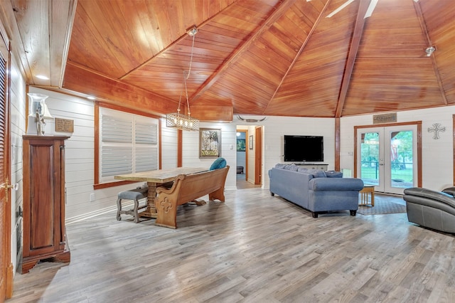 2204 County Road 1570, Alba, TX 75410 - rec room featuring light wood finished floors, wooden ceiling, wood walls, and french doors