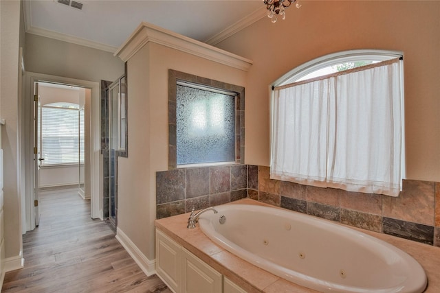 bathroom featuring plenty of natural light, a jetted tub, a shower stall, and ornamental molding