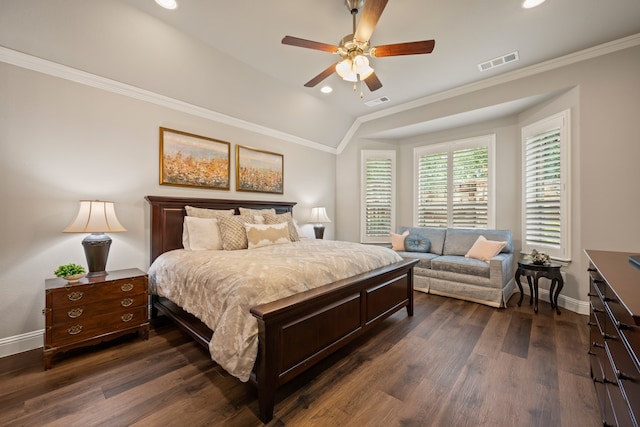 bedroom with vaulted ceiling, visible vents, baseboards, and ornamental molding