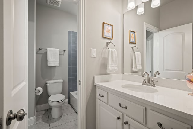 bathroom with toilet, visible vents, tile patterned floors, vanity, and tub / shower combination
