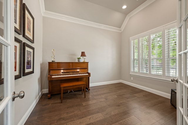 living area with lofted ceiling, dark wood-style flooring, ornamental molding, and baseboards