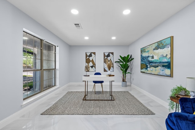 home office featuring baseboards, recessed lighting, and visible vents