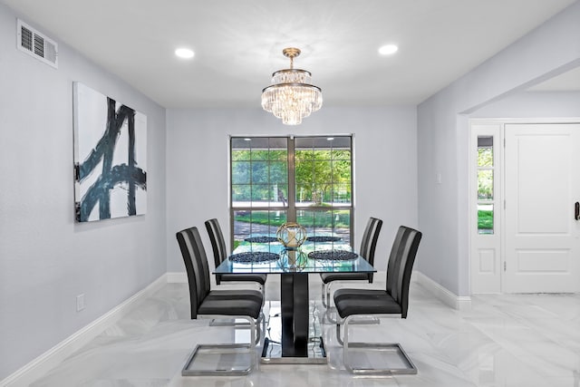 dining area featuring a notable chandelier, visible vents, baseboards, marble finish floor, and recessed lighting