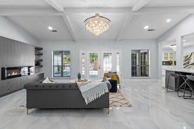 bedroom with an inviting chandelier, french doors, visible vents, and recessed lighting