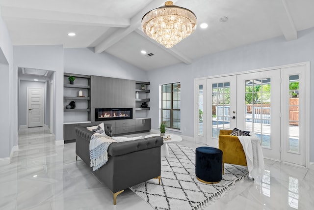 living room with french doors, lofted ceiling with beams, a notable chandelier, visible vents, and marble finish floor