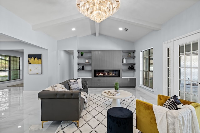 living area featuring marble finish floor, a chandelier, baseboards, a glass covered fireplace, and vaulted ceiling with beams