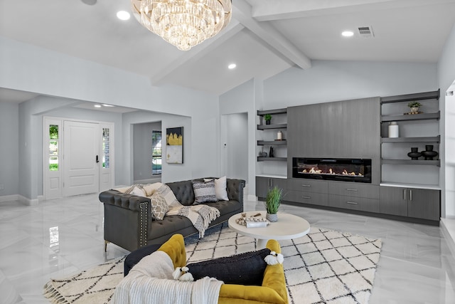 living room with a notable chandelier, visible vents, a glass covered fireplace, marble finish floor, and recessed lighting