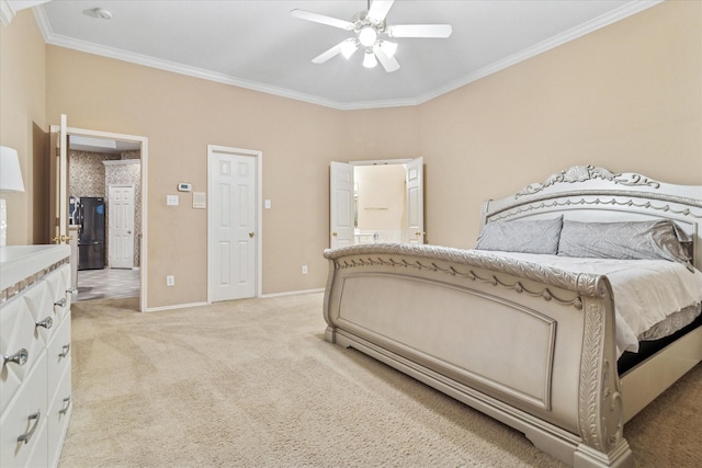 bedroom featuring a ceiling fan, freestanding refrigerator, baseboards, crown molding, and light colored carpet